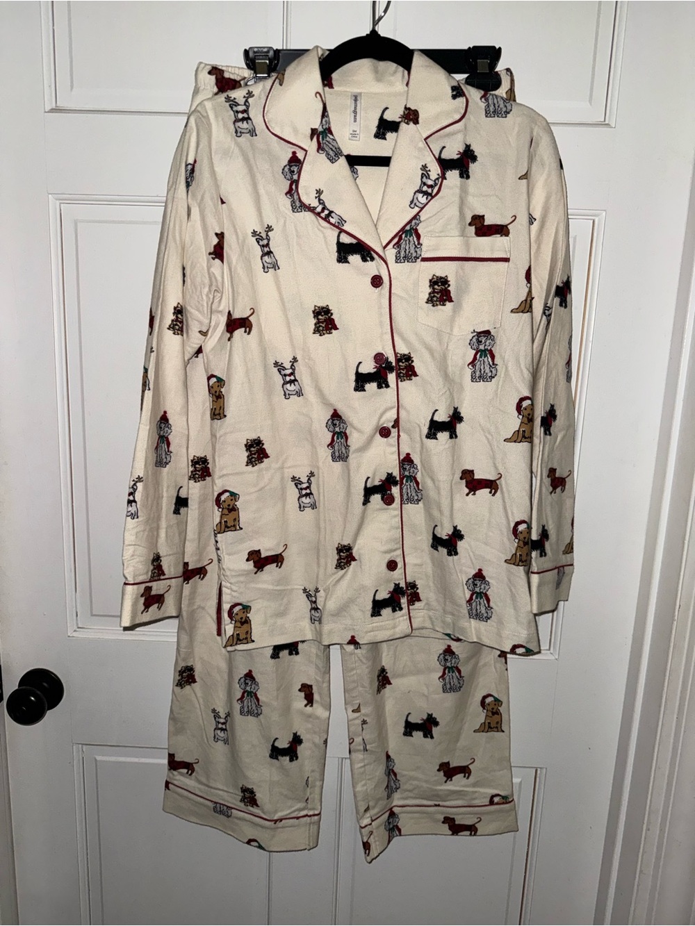 PajamaGram Dog-Print Long-Sleeve Pajama Set with Red Piping